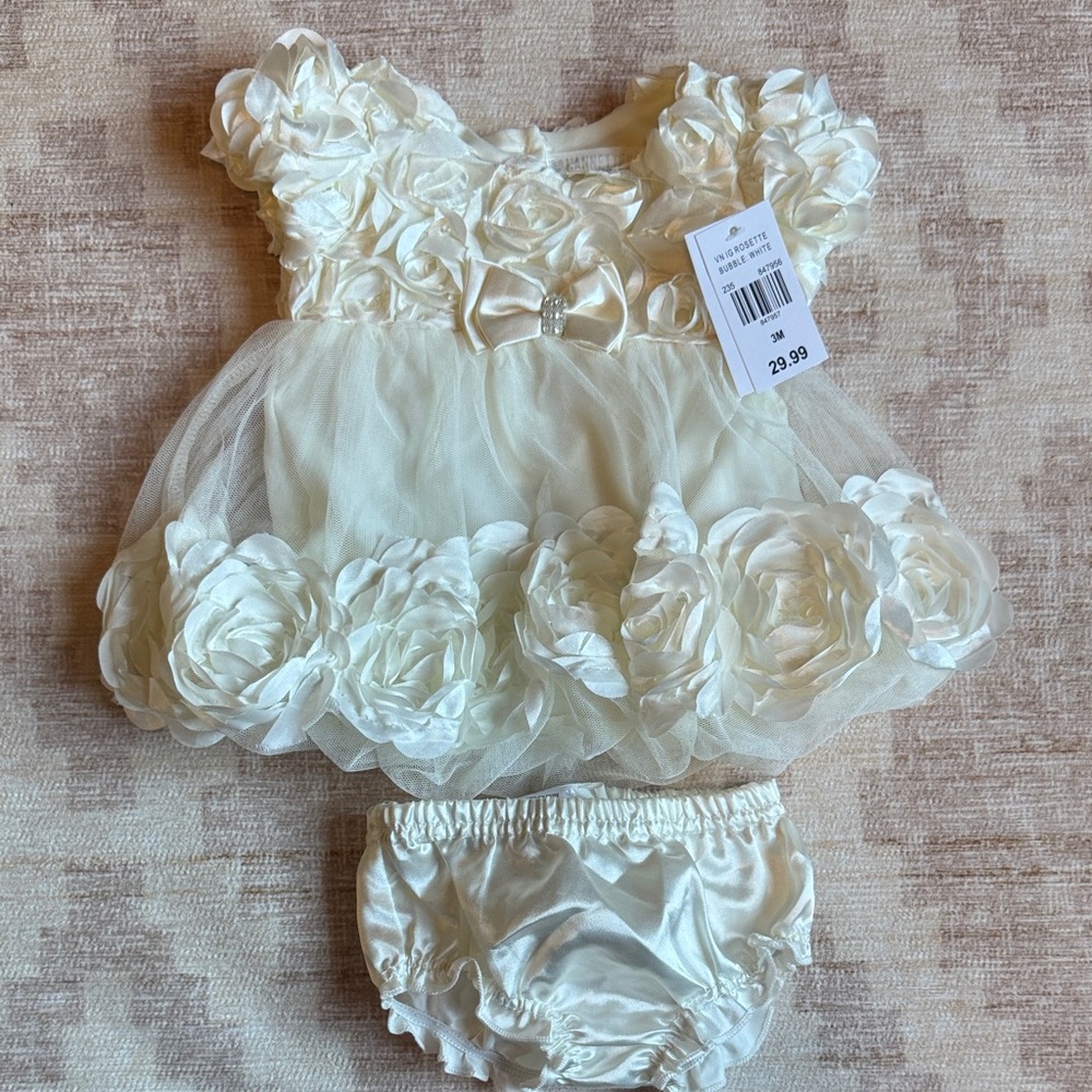 Nannette Baby Satin Cream Floral Bubble Dress and Bloomer Set size 3M NWT